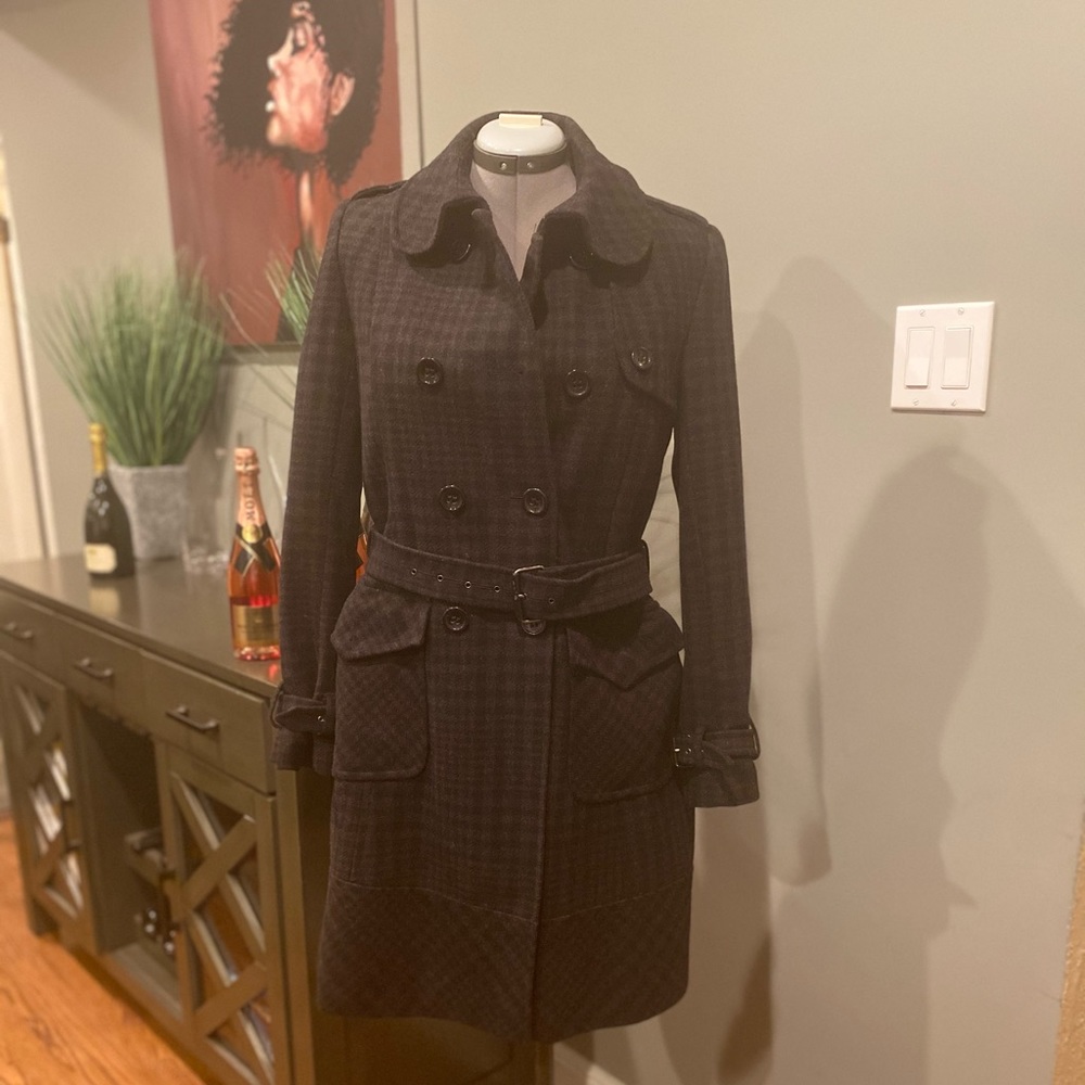 DKNY Wool Blend Plaid Belted Coat